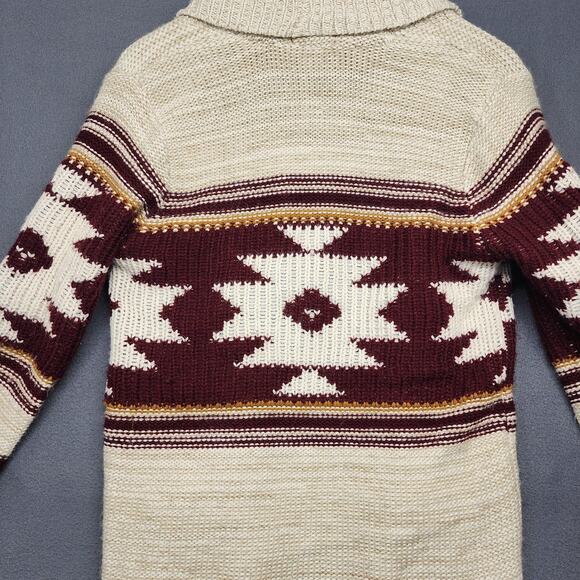 Forever 21 Cardigan Sweater Womens Small Cream Maroon Aztec Open Front Pockets - Picture 8 of 14